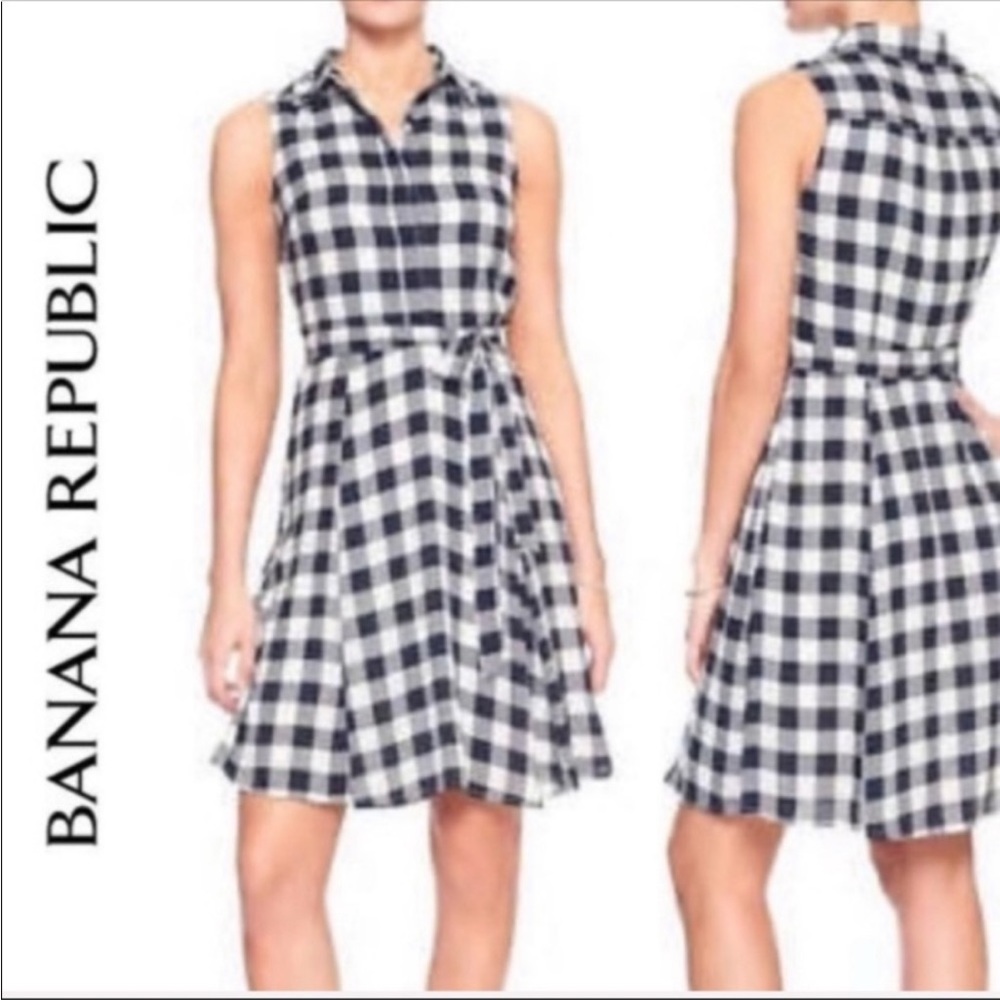 Gingham Plaid Polyester Banana Republic Navy Blue Sleeveless Belt Collared Dress
